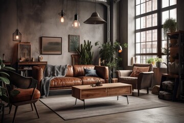 Interior of a loft style industrial living room with a leather sofa, wood tables, and a concrete wall. Generative AI