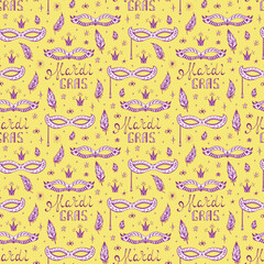 Celebration Carnival Seamless pattern. Mardi Gras Party. Hand drawn Mardi Gras lettering with Venetian masquerade mask, feathers and stars. Holiday Vector background