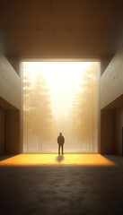 Wall Mural - A silhouetted figure standing in a contemplative stance in the distance before trees and golden light. Created using Generative AI.