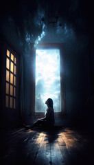 Wall Mural - A silhouetted female character sitting in front of doorway looking up hopeful light shining in from the side. Created with Generative AI.