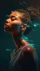 Wall Mural - African American female resting in meditative state with ethereal light in a illustrative style. Created with Generative AI.