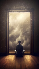 Wall Mural - A male figure sitting in a doorway looking out to clouds and rain. Made using Generative AI.