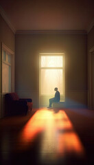 Wall Mural - a male silhouetted figure sitting on a bed in front of window with light shining in the room. Made with Generative AI.