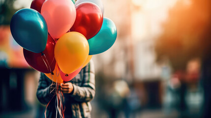 Woman holding a bouquet of balloons with a blurry environment, creating a festive atmosphere. Generative AI