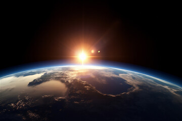 rising sun behind planet earth. ai generated content