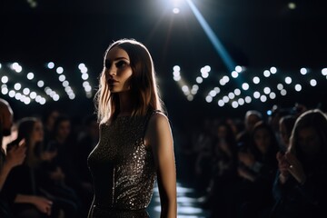 Wall Mural - Young fashion model walking at a Fashion show during warm spotlights on background. Generative Ai