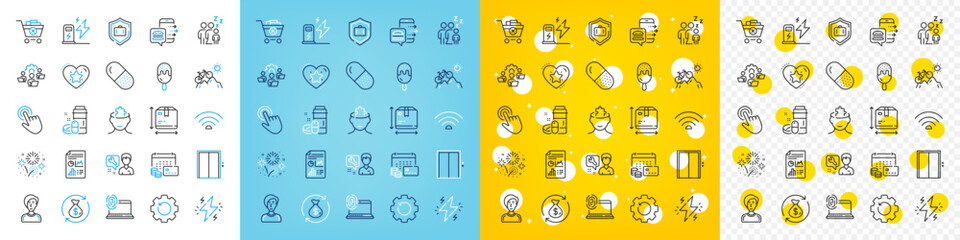 Vector icons set of Mountain bike, Sleep and Capsule pill line icons pack for web with Ice cream, Computer fingerprint, Businesswoman person outline icon. Repairman, Charging station. Vector