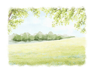 Watercolor vintage summer  composition with green landscape with trees, river and grass with vegetation isolated on white background. Hand drawn illustration sketch