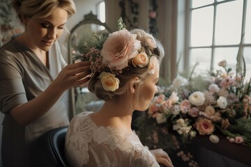 Wall Mural - Hair stylist makes the bride a wedding hairstyle with fresh flowers. Generative Ai