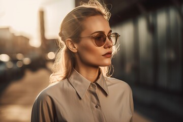 Wall Mural - Portrait of stylish young model outdoor in urban background with sunset. Generative Ai