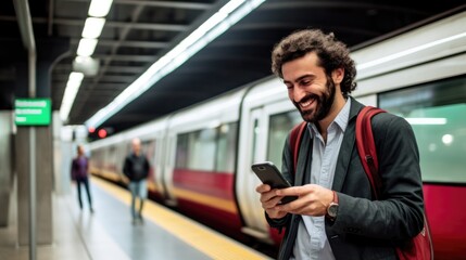 Smiling bearded man looking at his smart phone at a train station. Generative AI