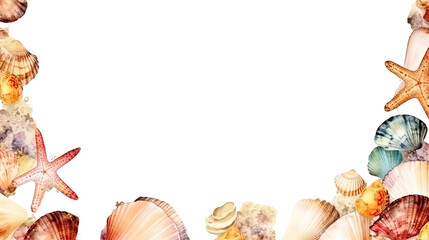 collection of seashells and starfish as a frame border, copyspace, generative ai