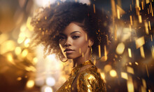 Beautiful Young Woman In Gold With Sparkly Hair Posing, AI Generative Girl In Golden Dress. Fashion Woman With Curly Black Hair Looking At Camera Over Shoulder In Gold Glitter Flares