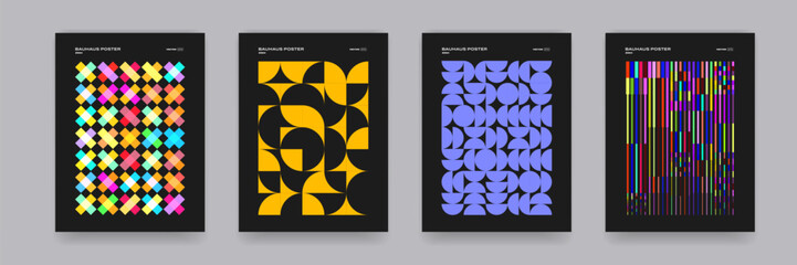 Poster - Geometric pattern background, vector abstract contemporary art poster. Multicolored yellow, blue, red and green color, trendy pattern backgrounds set. Modern op-art