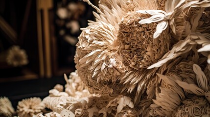 Close up of a three dimensional sculpture made from recycled paper. Generative ai