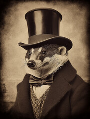 Wall Mural - Antique Photo of a Badger Dressed as a Gentleman in a Suit and Top Hat | Generative AI