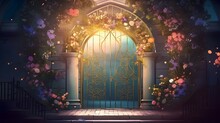 Arch, The Arch Over The Front Door Of The House Was Adorned With Flowers And Vines, Fantasy With, Illustration Design, Glitter, Twinkle, Fantasy Background, Bright Atmosphere, Bright Mood,