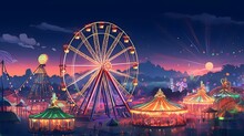 Amusement Park, The Amusement Park Had A Ferris Wheel That Lit Up The Evening Sky, Fantasy With, Illustration Design, Glitter, Twinkle, Fantasy Background, Bright Atmosphere, Bright Mood,