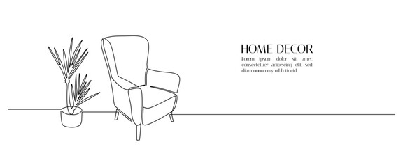Aufkleber - Home interior in one continuous line drawing. Modern furniture armchair home flower in simple Linear style. Editable stroke. Doodle vector illustration