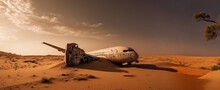 Crashed Airplane In The Middle Of The Desert Crash Site As Wide Banner With Copyspace Area - Generative AI