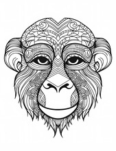 Simple Mandala Line Art, White Background, Flawless Lines, Thick Lines, Monkey Outline