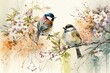 Colorful birds on stick blooming tree with flower in watercolor design artistic. Concept of painting technique isolated on white background in canvas. Glorious generative AI.