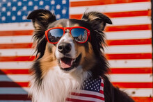 A Dog Wearing Sunglasses And An American Flag
