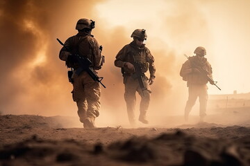 Wall Mural -  soldiers crosses warzone with fire and smoke in the desert, military special forces, tank