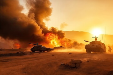 Wall Mural -  soldiers crosses warzone with fire and smoke in the desert, military special forces, tank