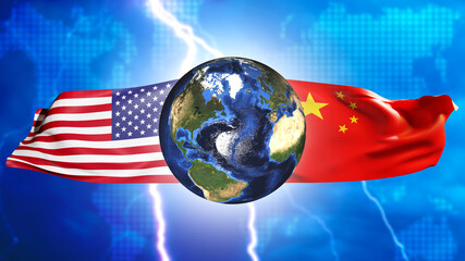 Wall Mural - USA and China. Planet earth near national flags. Confrontation between China with USA. International political relations. Political negotiations between USA and China. America, PRC. 3d image