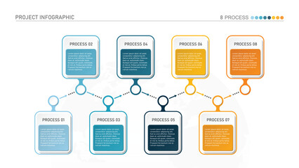 Wall Mural - Horizontal timeline or flowchart with eight square elements and space for data. Concept of 8 successive steps of company process.