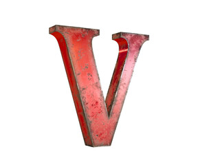 3d font letter V made of red metal and rusty