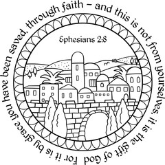 Ephesians 2:8 decorative bible verse. Christian quotes vector. Bible coloring page. Oriental old city mandala with bible verse about God.