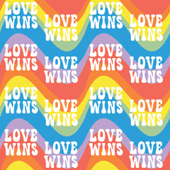 Wall Mural - Vector seamless pattern of lgbt groovy love wins lettering isolated on rainbow background