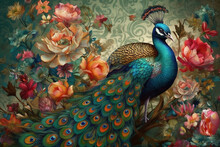 Exotic Oriental Pattern With Peacocks And Flowers In Bright Colors. Generative AI