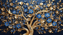 Elegant Gold And Royal Blue Floral Tree With Seamless Leaves And Flowers Hanging Branches Illustration Background. Generative AI