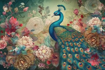 Exotic oriental pattern with peacocks and flowers in bright colors. Generative AI