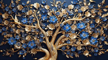 Wall Mural - Elegant gold and royal blue floral tree with seamless leaves and flowers hanging branches illustration background. Generative AI