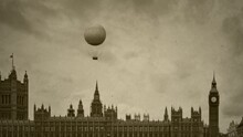 Vintage Footage Of An Air-balloon Over London (Big Ben And The House Of Parliament) - Sepia Toned Scratched Retro 4k Video