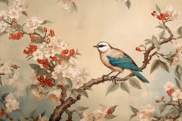 Naklejka na meble chinese painting pattern with cherry blossoms and a bird, in the style of hyperrealistic murals