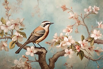 Naklejka na meble chinese painting pattern with cherry blossoms and a bird, in the style of hyperrealistic murals