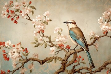 Naklejka na meble chinese painting pattern with cherry blossoms and a bird, in the style of hyperrealistic murals