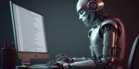 Wall Mural - artificial intelligence robot using computer software for gpt binary coding. distinct generative ai 