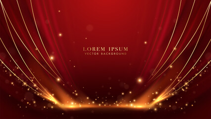 Wall Mural - red luxury background decoration with golden line, curve light, bokeh and glitter light effect eleme