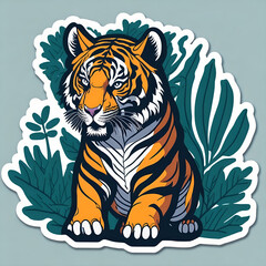  A sticker of a tiger in the leaves background. Generative AI