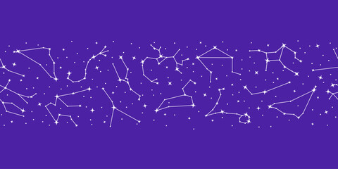 Wall Mural - Stars constellations, astrology seamless pattern on purple background with copy space. Zodiac constellations of shiny stars repeating print for packaging, cover, wrapping paper vector illustration