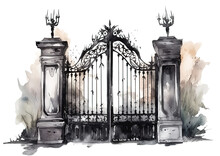 Creepy Cemetery Gate In The Style Of Dark Gothic Watercolor