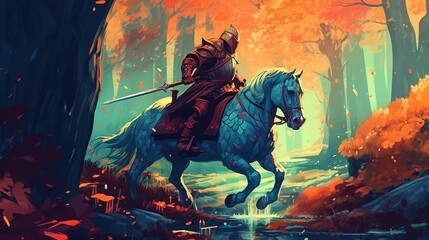 Wall Mural - A knight riding a horse through a forest. Fantasy concept , Illustration painting. Generative AI