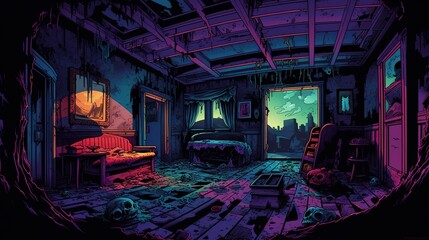 a horror scene set in an abandoned hotel. fantasy concept , illustration painting. generative ai