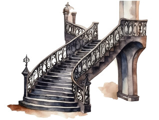 mysterious staircase in the style of dark gothic watercolor